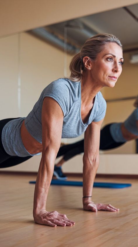 an adult woman doing push ups Core Exercises For Seniors, Seated Stretches, Exercises For Seniors, Core Strengthening, Core Workouts, Core Exercises, Strengthen Core, Improve Balance, Senior Fitness