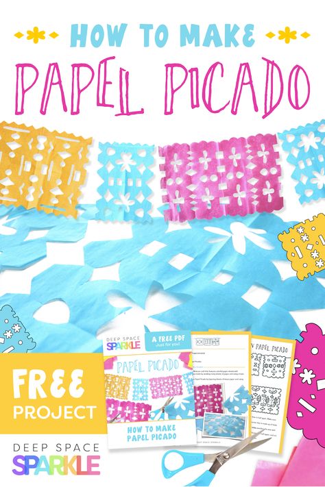 How to Make a Papel Picado | Mexican Folk Art | Deep Space Sparkle Papel Picado Crafts For Kids, Papel Picado Template Printable Free, Mexico Crafts For Kids, Papel Picado Template, Mexico Crafts, Creative Art Projects, Mexican Folklore, Deep Space Sparkle, Spring Art Projects