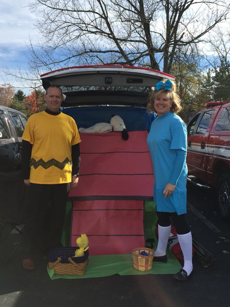 Peanuts: Charlie Brown, Sally and Snoopy Trunk or Treat Trunk Or Treat Charlie Brown Ideas, Its A Great Pumpkin Charlie Brown Trunk Or Treat, The Great Pumpkin Charlie Brown Costumes, Trunk Or Treat Peanuts Theme, Pumpkin Themed Trunk Or Treat, Charlie Brown Trunk Or Treat Ideas For Cars, Trunk Or Treat Couples Costumes, Snoopy Trunk Or Treat, Peanuts Trunk Or Treat Ideas