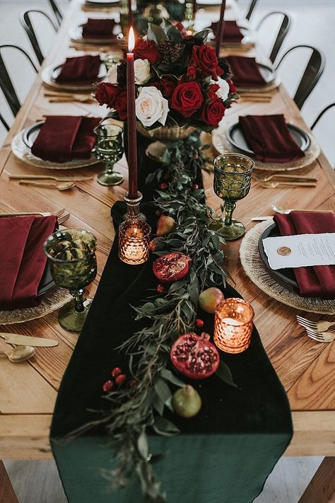 'Velvet Dream' Dark, Moody and Luxurious Wedding Inspiration - Boho Wedding Blog Moody Winter Tablescape, Elegant Black Table Setting, Burgundy And Gold Wedding Reception Wedding Table Decor, Pomegranate Table Setting, Dark Christmas Tablescape, Moulin Rouge Table Decor, Velvet Christmas Table Setting, Emerald Plum And Burgundy Wedding, Edgy Wedding Centerpieces