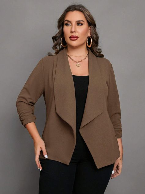 SHEIN Clasi Plus Waterfall Collar Ruched Sleeve Open Front BlazerI discovered amazing products on SHEIN.com, come check them out! Blazer Plus Size, Blazer Casual, Plus Size Suits, Plus Size Blazer, Ruched Sleeve, Open Front Blazer, High Neck Sleeveless, Casual Vest, Casual Jumpsuit