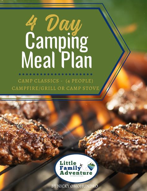 Planning a 4-day camping trip and needing meal ideas? I've got a great camping menu for you right here! AND to make things easier for you, I have a printable grocery list, camp kitchen packing list, and daily meal planner with recipes too. Enjoy your favorite camping classics cooked over a campfire like burgers, bacon wrapped hot dogs, foil dinners, smores, and more. This complete menu has everything you need for a tasty camping trip. #campingfood #grilling #familycamping #carcamping 4 Day Camping Meal Plan, Camping Burgers, Camping Menu Ideas, Kitchen Packing List, Camping Grocery List, Camping Meal Plan, Camping Meal Planner, Easy Camping Dinners, Bbq Chicken Wraps