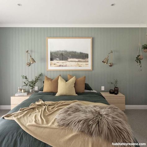 Feature Wall Bedroom, Sage Green Bedroom, Calming Bedroom, Art Deco Interior Design, Classy Bedroom, Bedroom Renovation, Bedroom Panel, Spare Bedroom, Bedroom Green