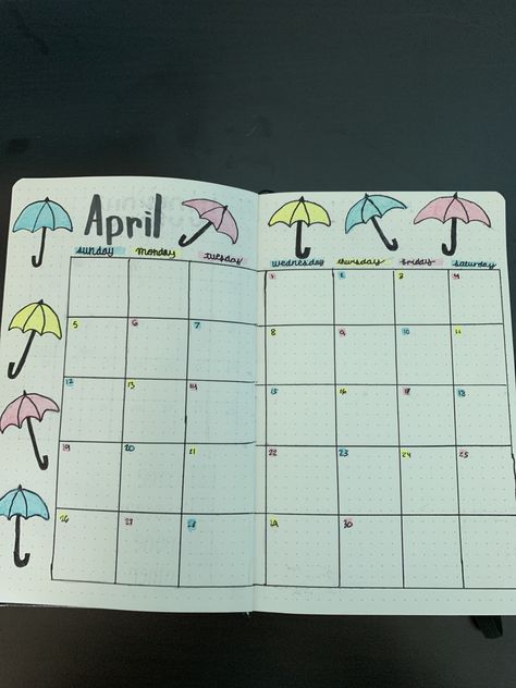 Umbrella Bullet Journal, April Bullet Journal, Journal Idea, Bullet Planner, Bullet Journal Doodles, Planner Ideas, Journal Doodles, Bullet Journal Ideas Pages, Bullet Journaling