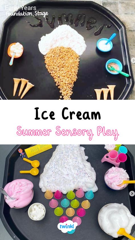 Who doesn't love an ice cream in the summer?! Create a fun summer tuff tray with these sensory play ideas thanks to @inspiringplayearlyyears @fun_with_mum. Click for more sensory tuff tray ideas. Summer Tuff Tray Ideas Toddlers, Ice Cream Tuff Tray, Summer Tuff Tray Ideas Eyfs, Summer Tuff Tray, Summer Tuff Tray Ideas, Sensory Tuff Tray Ideas, Water Tray Ideas Eyfs, Summer Sensory, Tuff Tray Ideas Toddlers