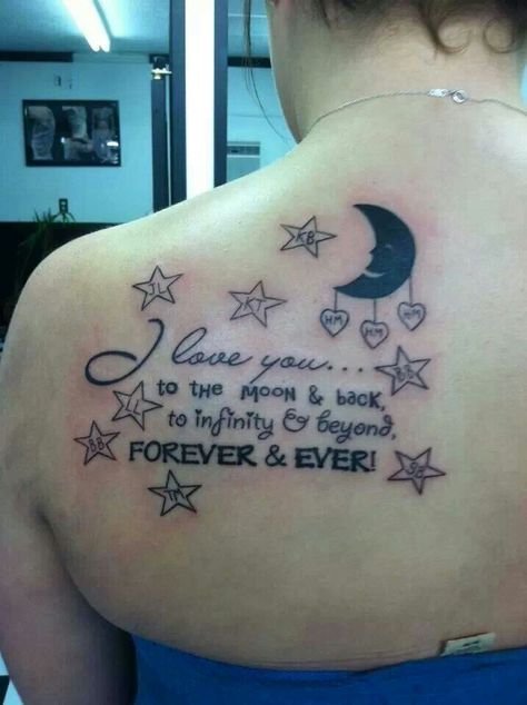 I Love You To The Moon And Back Tattoo, Besties Tattoos, Min Tattoo, Best Back Tattoos, The Moon And Back Tattoo, Moon And Back Tattoo, Back Tattoos For Men, To The Moon And Back Tattoo, Grandchildren Tattoos