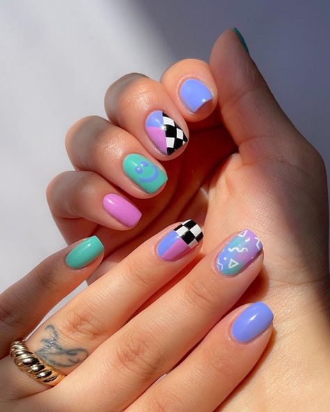 Lights Lacquer on Instagram: “Oh Snap! 🫰AVAILABLE NOW Recreate this super fly mani with our newest nostalgic trio 💜 💅 Oh Snap! Trio: Chill Pill, Eat My Shorts, Dear…” 90s Cup Nails, Purple Retro Nails, 90s Theme Nail Designs, 90s Nail Art Design, 90s Themed Nails, 80s Nails 1980s, 80s Inspired Nails, 80’s Nails, 90s Theme Nails