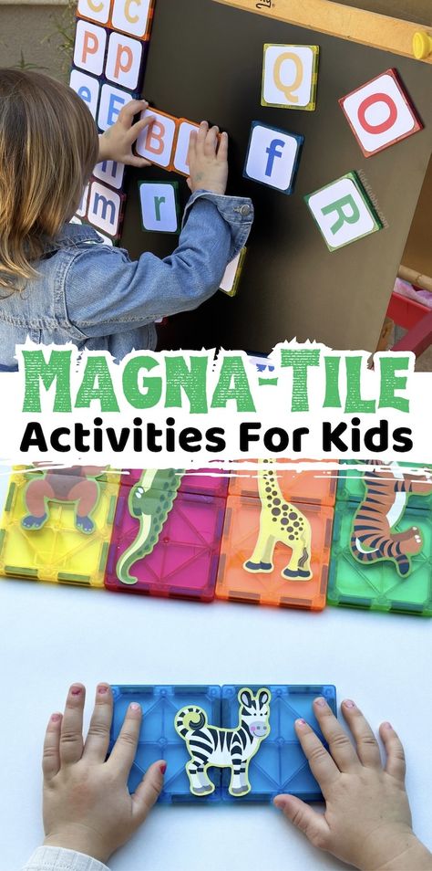 5 Magna-Tile Activities For Kids Magnatile Activities, Shape Matching Game, Letter Sound Recognition, Learning Activities For Kids, Fun Learning Games, Magna Tiles, Letter Recognition Activities, Literacy Games, Letter Sound