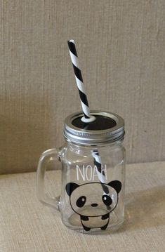 Glass Tumbler Design, Panda Items, Crockery Design, Personalized Mason Jars, Mason Jar Tumbler, Trendy Water Bottles, Cute Coffee Mug, Panda Party, Panda Gifts