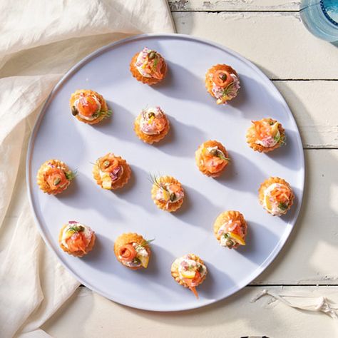 Mini salmon puffs | New World Water Crackers Recipe, Salmon Puffs, Mini Tartlets, Mini Tart Shells, Water Crackers, Tapas Recipes, Mini Bites, Tart Shells, Mini Tart