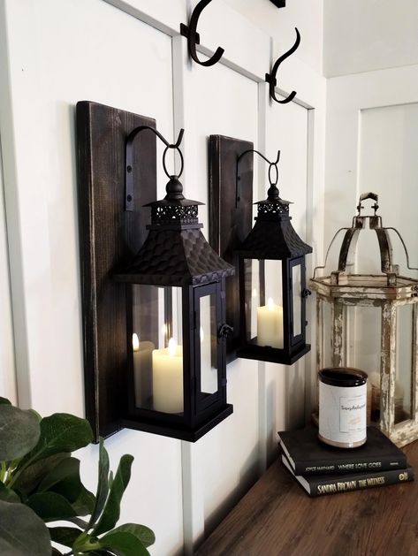 Candle lantern set, Rustic lantern wall decor, country rustic home decor, black metal lanterns, gift for guys, gift for grandpas, mens gift Hanging Lanterns Bedroom, Country Porch Decor, Country Rustic Home, Lantern Wall Decor, Greenery Flowers, Core Decor, Cottage Core Decor, Lantern Ideas, Rustic Lanterns