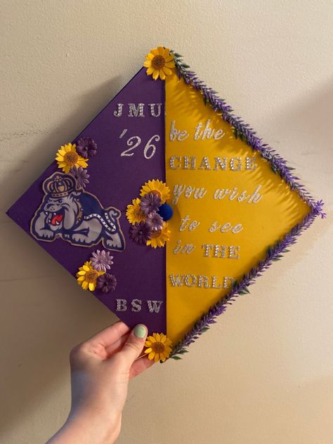 James Madison University inspired graduation cap decoration Jmu Graduation Cap, James Madison University, James Madison, Graduation Cap Decoration, Cap Decorations, Grad Cap, College Graduation, Graduation Cap