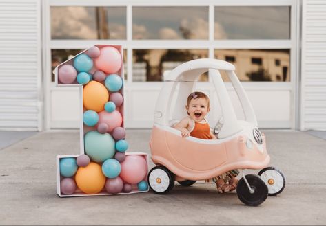 Cozy Coupe Photoshoot, Groovy First Birthday Photoshoot, Cozy Coupe Vw Makeover, Van Makeover, Cozy Coupe Makeover, First Birthday Photoshoot, Peach Birthday, First Birthday Pictures, First Birthday Chalkboard