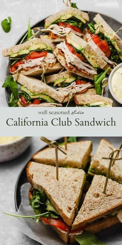 California Club Sandwich Recipe California Club Sandwich, Homemade Aioli, Club Sandwich Recipes, Turkey Club, Deli Turkey, Toasted Bread, Sliced Turkey, Sandwiches For Lunch, Club Sandwich