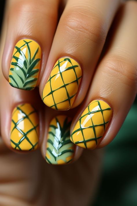 Pineapple Nail Design, Pineapple Nail Art, Exotic Nail Designs, Tropical Vacation Nails, Tropical Nail Designs, Pineapple Nails, Fun Manicure, Nail Polish Colors Summer, Beach Nail Art