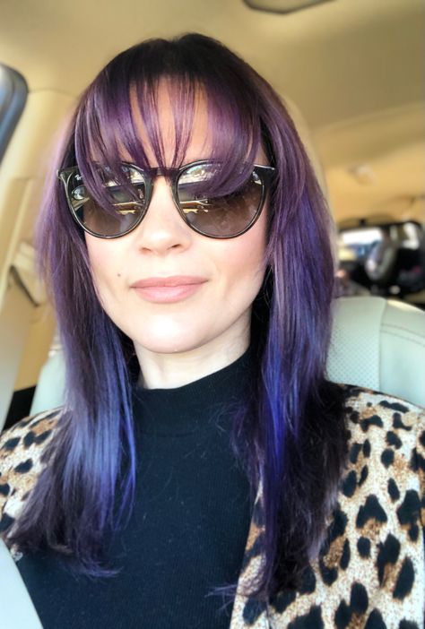 Purple hair, bangs, layers Purple Layered Hair, Purple Hair Bangs, Layered Hair With Curtain Bangs, Bangs Layers, Hair With Curtain Bangs, Purple Highlights, Hair Bangs, Curtain Bangs, Layered Hair