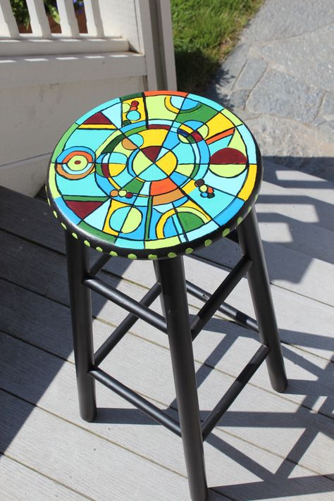 Hand painted stool - gives me some great ideas! Painted Stools Ideas, Stool Painting, Hand Painted Stools, Painted Bar Stools, Hand Painted Chairs, Painted Stools, Stationary Storage, Whimsical Painted Furniture, Funky Chairs