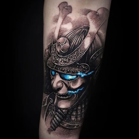 Japanese Samurai Tattoo Pop Of Color Samurai Mask Tattoo, Japanese Warrior Tattoo, Samurai Tattoo Sleeve, Samurai Warrior Tattoo, Samurai Tattoo Design, Saved Tattoo, Warrior Tattoos, Mask Tattoo, Japanese Sleeve Tattoos