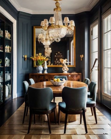 Instagram Interesting Dining Rooms, Moody Blue Dining Room, Dark Blue Dining Room Walls, Dining Room Style Ideas, Mixing Woods, Bold Wall Colors, Elegant Dining Room Ideas, Accent Walls Ideas, Navy Dining Room