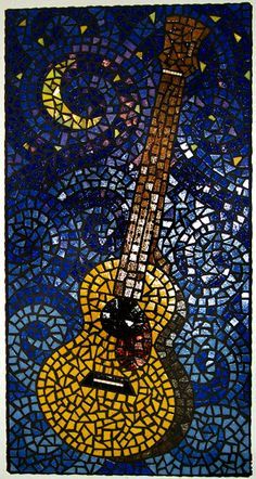 Stained Glass Music Patterns, Mosaic Guitar Pattern, Guitar Mosaic Ideas, Mosaic Mountains Ideas, Music Mosaic Art, Sicis Mosaic, Glass Mosaic Art, Mosaic Artwork, Guitar Art