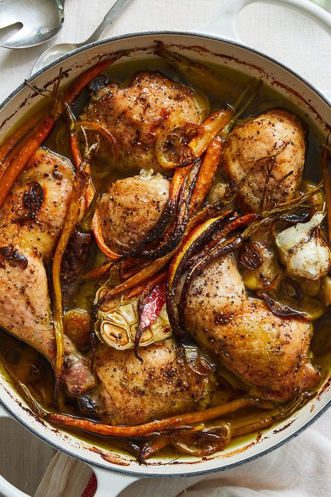 Olive Oil-Roasted Chicken With Caramelized Carrots Recipe - NYT Cooking Chicken Confit Recipes, Confit Chicken, Nytimes Cooking, Chicken Confit, Mushroom Bourguignon, Caramelized Carrots, Chicken Marbella, Sweet Carrots, Silver Palate