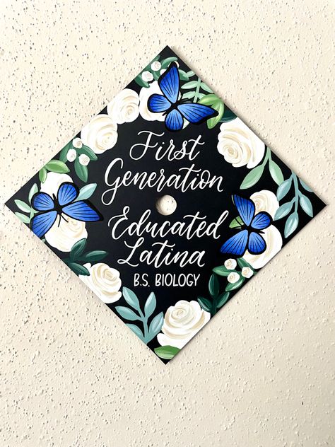 1st Gen Graduation Cap, Graduation Cap Designs Nature, Family Graduation Cap, Flat Graduation Cap Decoration, Graduation Cap Designs First Generation, Butterfly Grad Cap, Butterfly Graduation Cap, Floral Graduation Cap, First Generation Graduation Cap