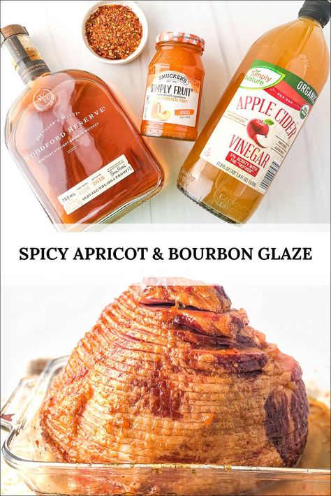 This super easy apricot bourbon glazed ham just needs 4 ingredients to make it. Full of flavor and perfect for your Easter ham. Bourbon Glazed Ham Crockpot, Bourbon Glaze For Ham, Cherry Bourbon Ham Glaze, Maple Bourbon Glazed Ham, Peach Bourbon Glazed Ham, Homemade Ham Glaze, Glazed Baked Ham, Bourbon Glazed Ham, Mustard Recipes