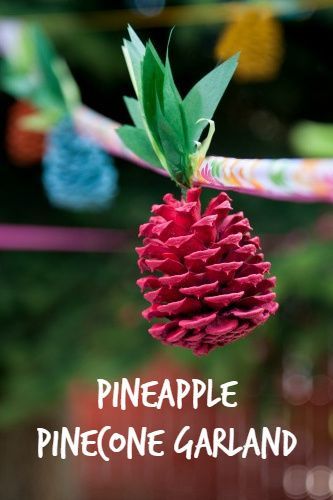 Christmas Tiki Party, Hawaiian Christmas Decorations Diy, Christmas In July Decorations Diy, Christmas In July Party Ideas Decorations, Palm Fronds Crafts, Winter Luau, Diy Pineapple Decor, Pinecones Decor, Christmas Luau