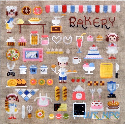 Bakery Mini Bakery, Tiny Cross Stitch, Cross Stitch Kitchen, Chart Pattern, Pola Kristik, Mini Cross Stitch, Pola Sulam, Learn Embroidery, Cross Stitch Samplers