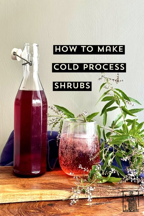 A tall bottle of deep red berry drinking vinegar (shrub) sits on a wooden board against a cream background. Next to it, a glass of sparkling shrub sits, surrounded by a branch of flowering lemon verbena. Fruit Shrub Recipes, Herbal Shrub Recipe, Shrub Recipes How To Make, Shrubs Drink Recipes, Cranberry Shrub Recipe, Drinking Vinegar Recipe, Shrubs For Drinks, Shrub Recipe Drinking Vinegar, Shrub Drink Recipes