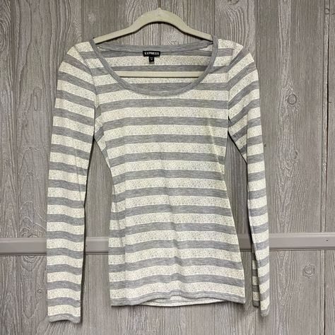 Shimmer Lace Stripe Long Sleeve Top, Express. Size Xs. New Without Tags. Slightly Sheer. White And Gray Stripes. Striped Long Sleeve Tops, Scoop Neck Shirt, Outfit Inspo Casual, Blue Long Sleeve Shirt, Stripe Long Sleeve, Gray Stripes, Long Sleeve Striped Top, Dress Shirts For Women, Sleeves Pattern