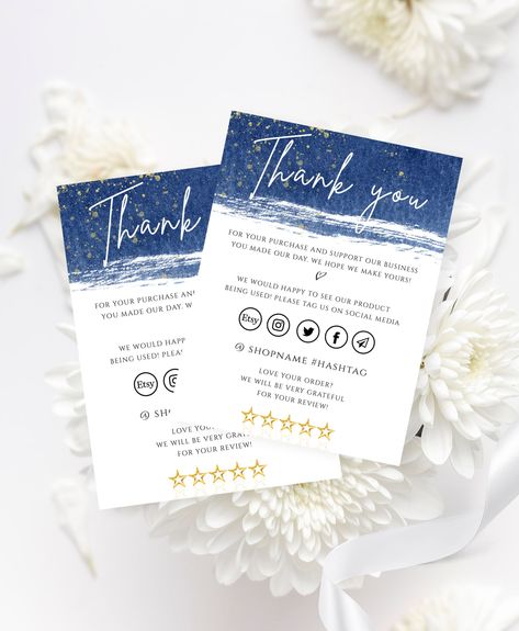 Blue Navy Thank You For  Order Business Card, 100% Editable Printable Template, Gold  Thank You Packaging Insert, Social Media Card. #etsy #oro #blu #businessinsertcard #businessthankyou #customerthankyou #insertcards #thankyoutemplate https://etsy.me/3bYcpOr Thank You Printable, Business Invitation, Thank You Card Design, Personalized Thank You Cards, Business Packaging, Printable Thank You Cards, Thank You Customers, Small Business Packaging, Business Thank You Cards