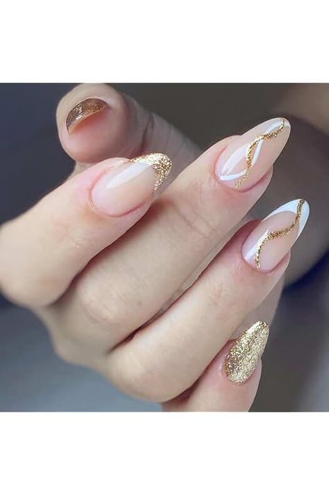 Amazon.com : gold french tip nails Natural Nails With Gold Tips, French Tip Nails With Gold Accent, French Nails With Gold, French Tip With Gold, Gold French Nails, Sparkly French Tip Nails, Gold French Tip Nails, Sparkly French Tips, Delicate Nails