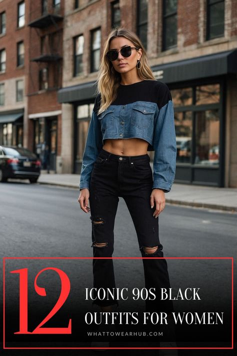 Discover the must-have black looks from the 90s, curated for modern style with a nostalgic twist. These 12 outfits bring together the edgy elegance of the era, from grunge layers to sleek slip dresses. Perfect for women inspired by retro fashion! #90sStyle #BlackOutfits #VintageFashion All Black Outfits For Women, Black Outfits For Women, Black Denim Overalls, Black Flannel Shirt, The 90s Fashion, Tube Top And Skirt, Black Tube Tops, Women 90s, Edgy Elegance