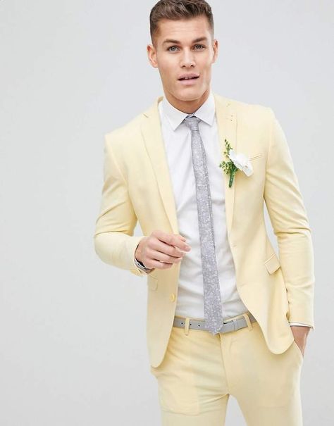 ASOS DESIGN Wedding Super Skinny Suit Jacket In Sherbet Lemon Suits Men Slim, Prom Tuxedo, Floral Print Blazer, Yellow Suit, Dinner Suit, Wedding Party Wear, Men Fabric, Wedding Suits Groom, Men Suit