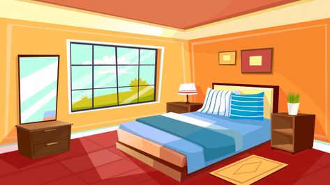 Cartoon bedroom interior background template. Cozy modern house room in morning light Free Vector Modern House Rooms, Cartoon Bedroom, Background House, Bedroom Cartoon, Luxury Hotel Bedroom, Interior Background, Bedroom Background, Man Cartoon, Bedroom Drawing