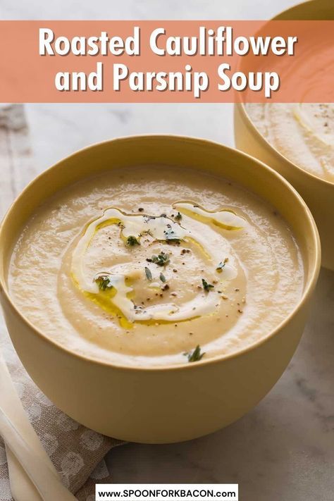 Pop over to our site for this easy and delicious Roasted Cauliflower and Parsnip Soup recipe. It's got a lot of depth of flavor from the simple roasted vegetables and hint of cumin and paprika. This is a super easy and healthy dinner recipe. | dinner recipes | soup recipes | vegetarian recipes | Soup Recipes Cauliflower, Dinner Recipes Soup, Healthy Stew Recipes, Parsnip Recipes, Recipes Cauliflower, Spoon Fork Bacon, Parsnip Soup, Healthy Dinner Recipe, Recipes Fall