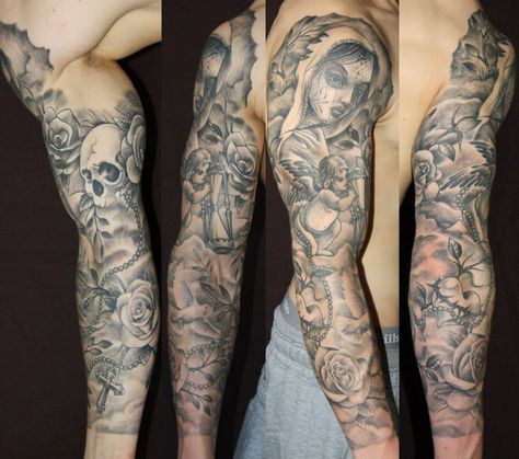 Black and Grey Tattoo Sleeve #tattoo #tattoos #blackandgrey #tattoosleeve Black And Grey Arm Tattoos, Grey Tattoo Sleeve, Fl Tattoo, Black Gray Tattoo, Angels Tattoo, Black And Grey Sleeve, Black And Grey Tattoos Sleeve, Gray Tattoo, Black And Grey Tattoo