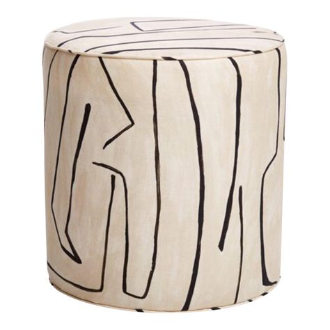 Graffito Print Upholstered Side Table Linen Ottoman, Empire Ottoman, Ottoman Stool, Low Stool, Round Ottoman, Ottoman In Living Room, Upholstered Ottoman, Furniture Deals, Baby Furniture