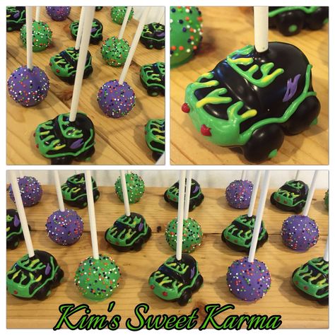 Grave Digger Cake Pops, Fondant Truck, Grave Digger Cake, Monster Truck Theme Birthday Party, Digger Birthday Cake, Cars Cake Pops, Monster Jam Cake, Monster Truck Birthday Party Ideas, Truck Birthday Party Ideas