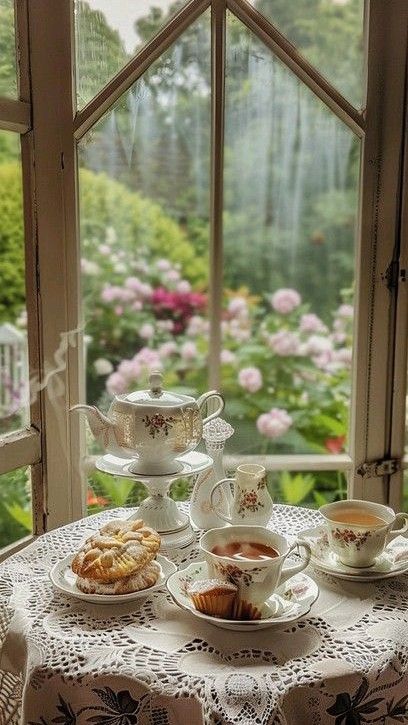 Tea On The Porch, Morning Tea Aesthetic, Cottagecore Cafe, Teacup Aesthetic, Tea House Interior, Tea Room Interior, Cottagecore Tea, Victorian Tea Room, Vintage Tea Rooms