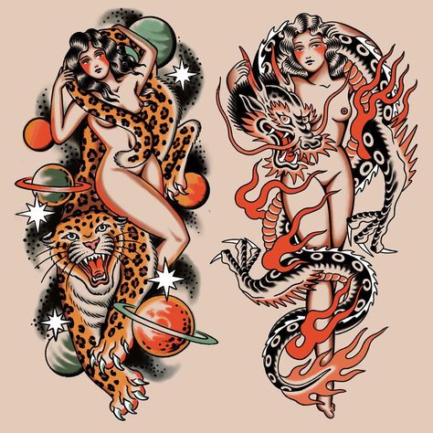 Gem Carter on Instagram: “Couple of ladies looking for homes, ideally big on a thigh or calf. I’d love to tattoo either one of these at @bristoltattooconvention next…” Traditional Thigh Tattoo, Traditional Back Tattoo, Traditional Tattoo Woman, Desenhos Old School, Traditional Tattoo Drawings, Backpiece Tattoo, Traditional Tattoo Flash Art, Traditional Tattoo Inspiration, Pin Up Girl Tattoo