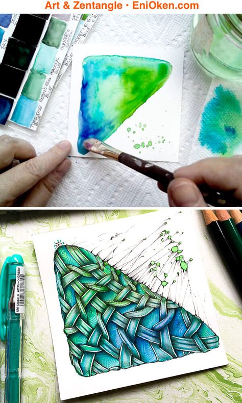 Zantangle Art, Eni Oken, Zentangle Tutorial, Zentangle Artwork, Learn Watercolor, Tangle Doodle, Zentangle Designs, Tangle Art, Tangle Patterns