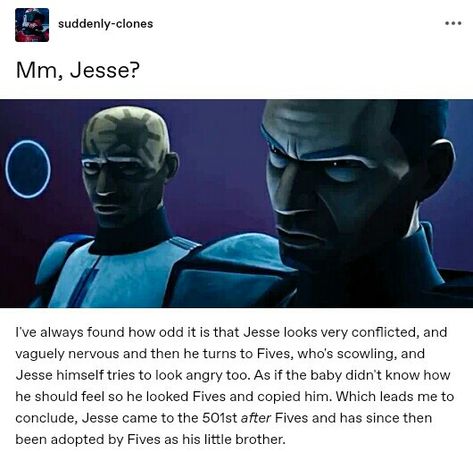 Kay but Jesse was in season 2 and referred to as sir by Kix which makes me think that he'd already been in the 501st for a while. So why did he have that face? Comments! Jesse And Kix Clone Wars, Jesse Star Wars, Kix Starwars, Kix Clone Wars, Clone Wars Jesse, Jesse Clone Wars, Kix Star Wars, The 501st, Clone Troopers