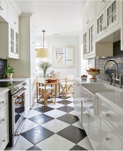 Kitchens Black And White, Popular Kitchen Designs, Checkered Floor, All White Room, Galley Kitchen Design, Galley Kitchen Remodel, Galley Kitchens, Condo Remodel, Popular Kitchens