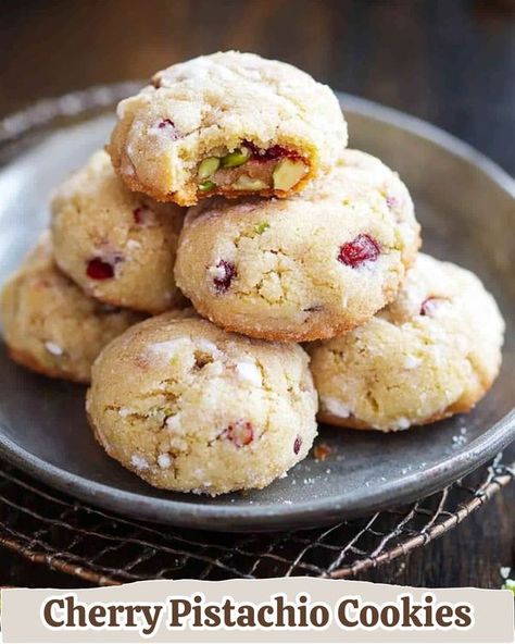 Epic Bites Family | Cherry Pistachio Snowball Cookies | Facebook Cherry Snowball Cookies, Pistachio Snowball Cookies, Cherry Pistachio, Cranberry Pistachio, Maraschino Cherries, Snowball Cookies, Maraschino Cherry, Cookies Ingredients, Christmas Desserts