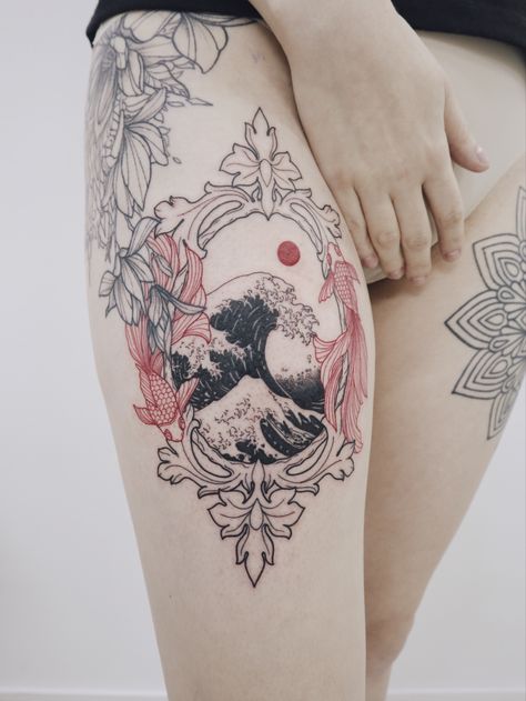 Japan Themed Tattoo, Japanese Sternum Tattoo, Japanese Thigh Tattoo, Japanese Aesthetic Tattoo, Tatu Design, Japanese Moon Tattoo, Japanese Charm Tattoo, Japanese Tattoos Women, Asian Inspired Tattoos