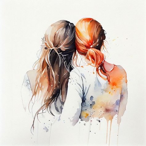 Sisters Drawing, Watercolour Wall Art, Watercolour Wall, Best Friend Drawings, Friend Painting, Change Hair, Sisters Art, 2 Friends, Drawings Of Friends