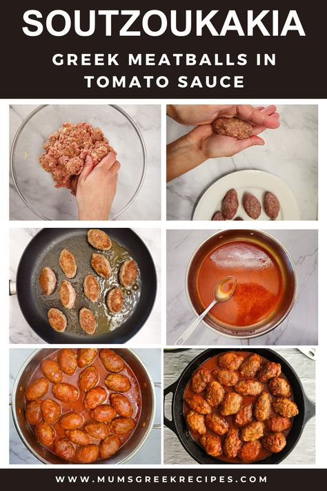 Soutzoukakia – Greek Meatballs in Tomato Sauce - Steps Greek Tomato Sauce, Greek Beef Meatballs, Keftedes In Tomato Sauce, Greek Chicken Meatballs With Tzatziki Sauce, Ground Beef Greek Meatballs, Greek Meatballs Recipe, Soutzoukakia Greek Meatballs, Minced Beef Recipes, Bunny Chow