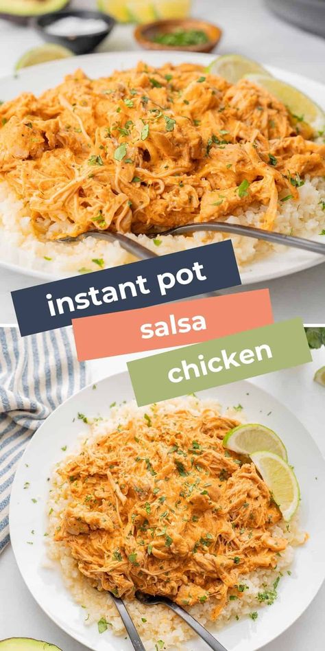 Instant Pot Salsa Chicken is an instant family hit! This easy low carb shredded chicken recipe is creamy and flavorful, and takes only 30 minutes. Crockpot instructions included too. Low Carb Shredded Chicken, Instant Pot Salsa Verde Chicken, Easy Salsa Chicken, Instant Pot Salsa Chicken, Instant Pot Salsa, Shredded Chicken Recipe, Instant Family, Shredded Chicken Recipes, Salsa Chicken